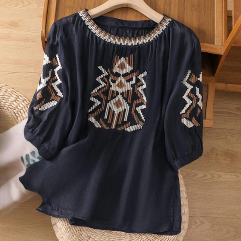 Symmetrical Embroidered Lightweight Meditation Half-Sleeve T-Shirt