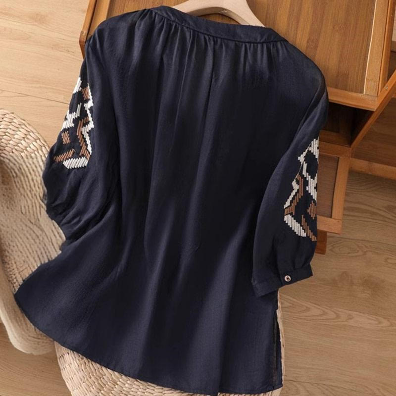 Symmetrical Embroidered Lightweight Meditation Half-Sleeve T-Shirt