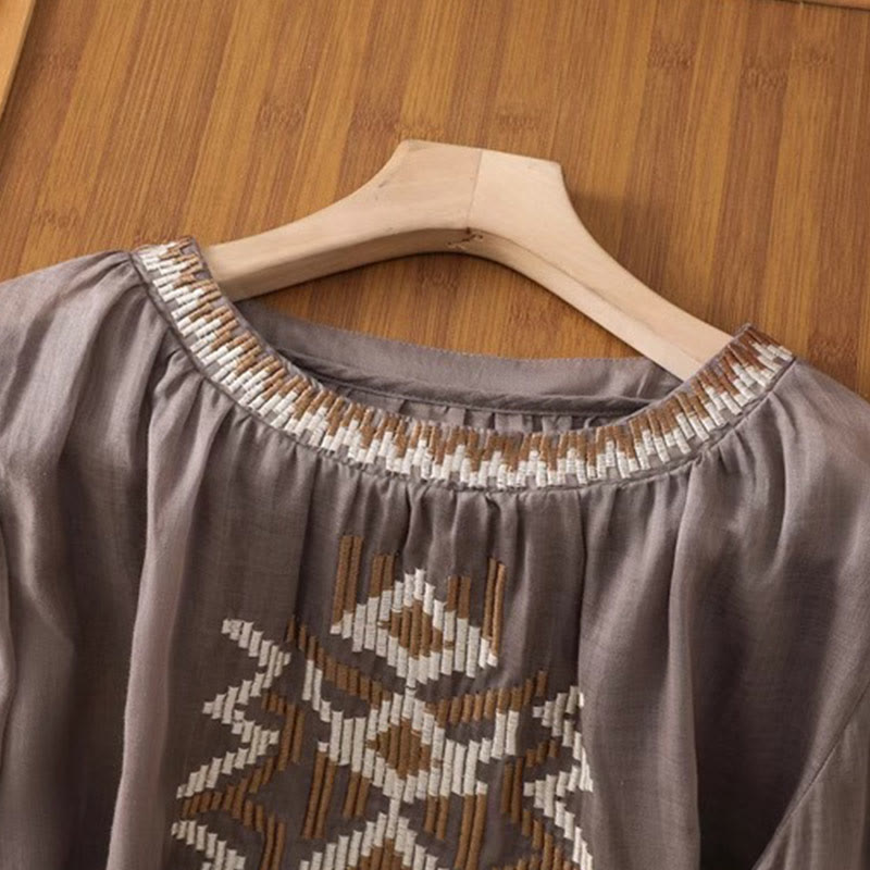 Symmetrical Embroidered Lightweight Meditation Half-Sleeve T-Shirt