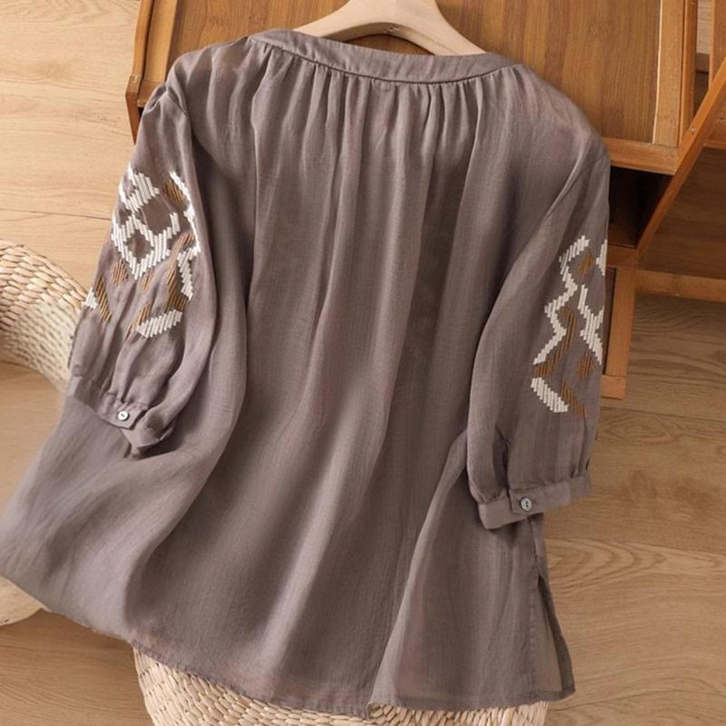 Symmetrical Embroidered Lightweight Meditation Half-Sleeve T-Shirt