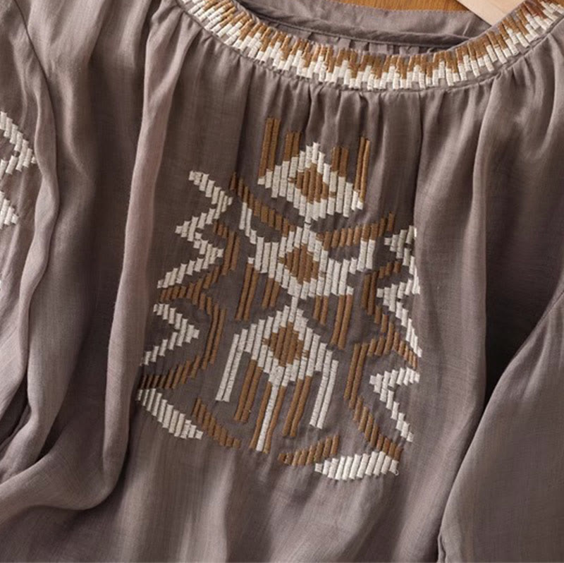 Symmetrical Embroidered Lightweight Meditation Half-Sleeve T-Shirt