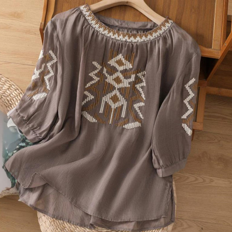 Symmetrical Embroidered Lightweight Meditation Half-Sleeve T-Shirt