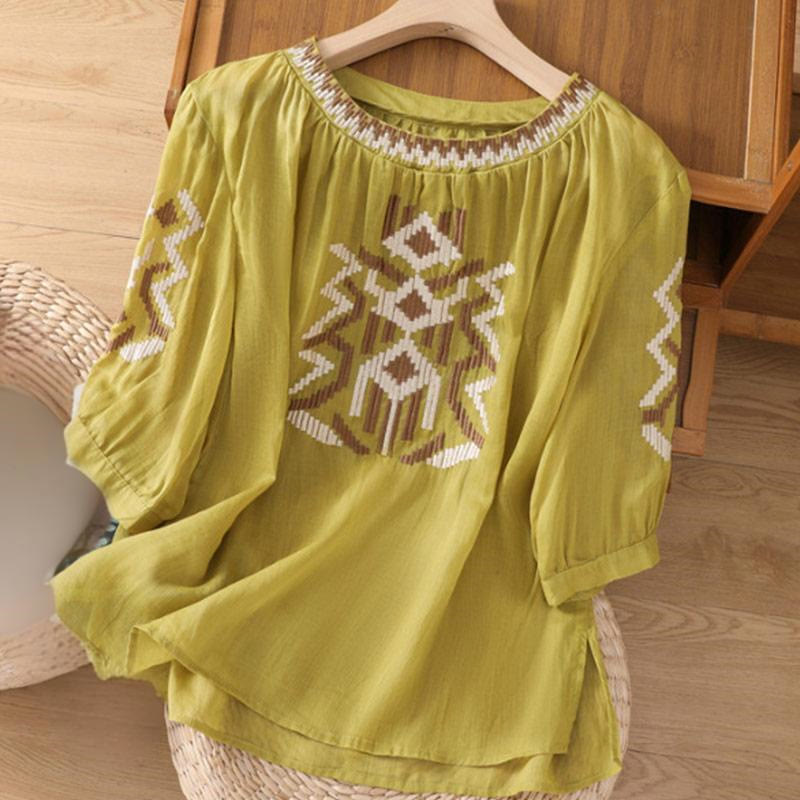 Symmetrical Embroidered Lightweight Meditation Half-Sleeve T-Shirt