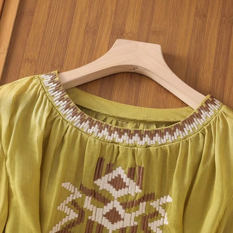 Symmetrical Embroidered Lightweight Meditation Half-Sleeve T-Shirt