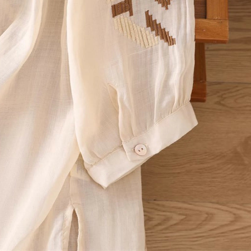 Symmetrical Embroidered Lightweight Meditation Half-Sleeve T-Shirt