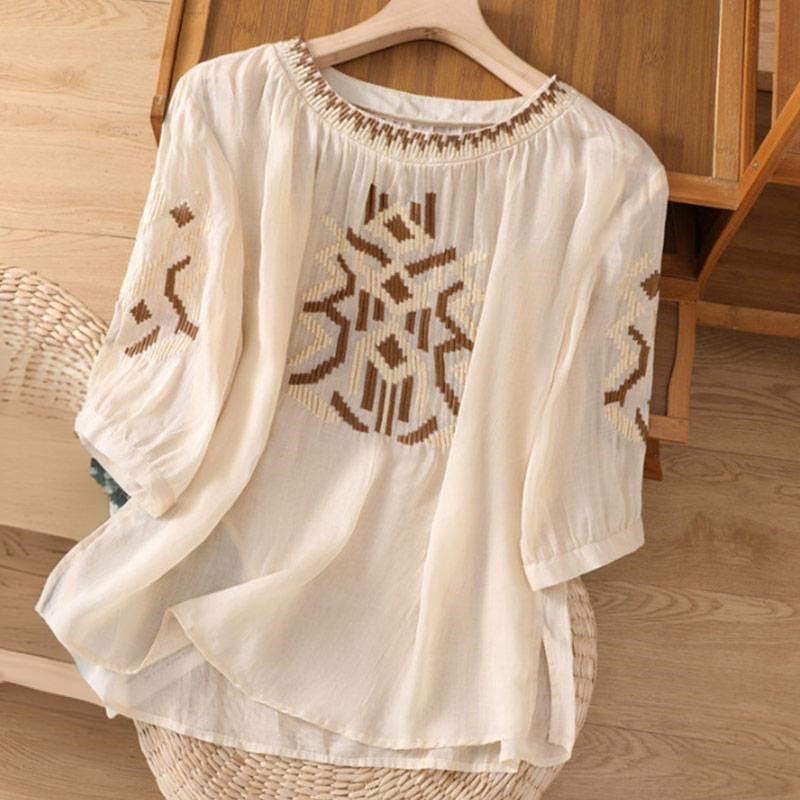 Symmetrical Embroidered Lightweight Meditation Half-Sleeve T-Shirt