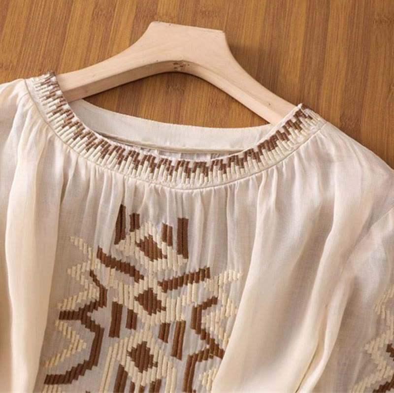 Symmetrical Embroidered Lightweight Meditation Half-Sleeve T-Shirt