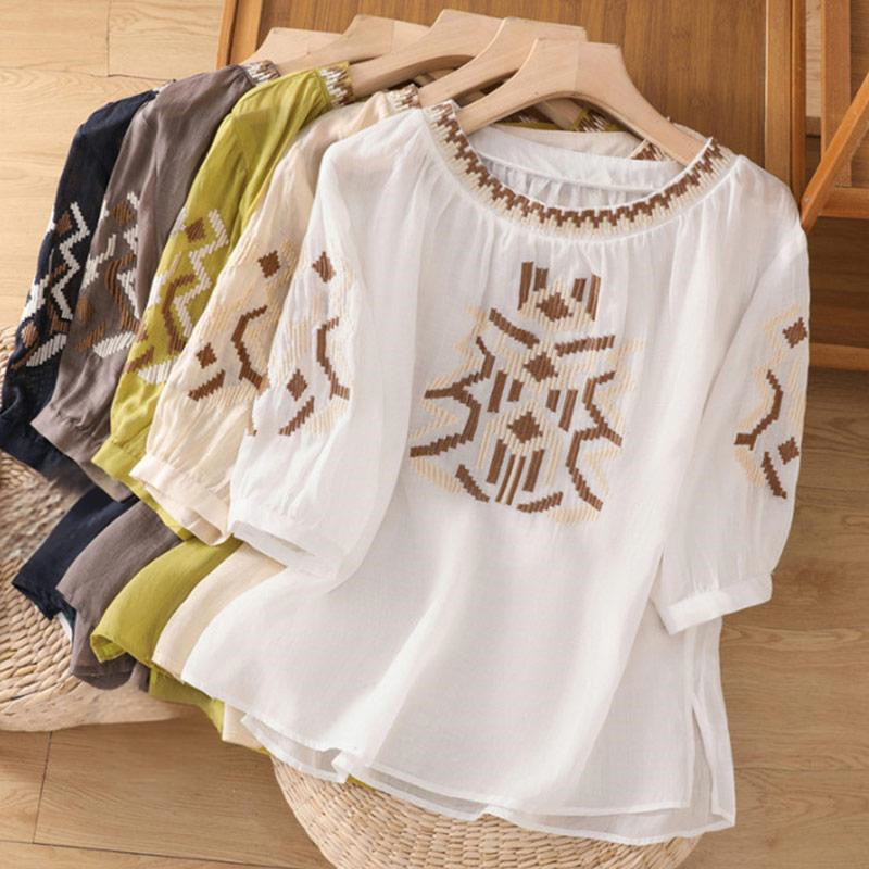 Symmetrical Embroidered Lightweight Meditation Half-Sleeve T-Shirt
