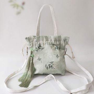 White Flowers Green Leaves Canvas Tote Crossbody Bag Shoulder Bag Handbag