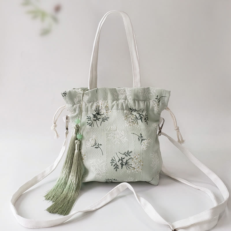 White Flowers Green Leaves Canvas Tote Crossbody Bag Shoulder Bag Handbag
