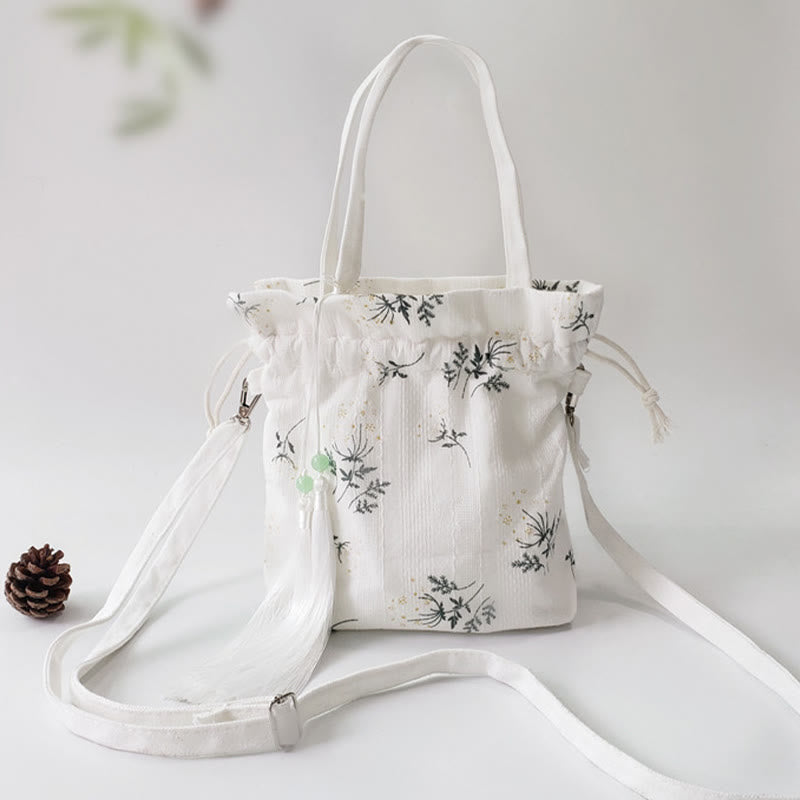 White Flowers Green Leaves Canvas Tote Crossbody Bag Shoulder Bag Handbag