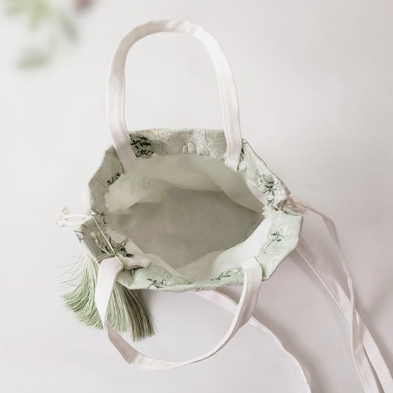 White Flowers Green Leaves Canvas Tote Crossbody Bag Shoulder Bag Handbag