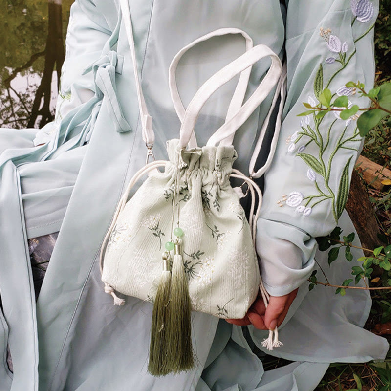 White Flowers Green Leaves Canvas Tote Crossbody Bag Shoulder Bag Handbag