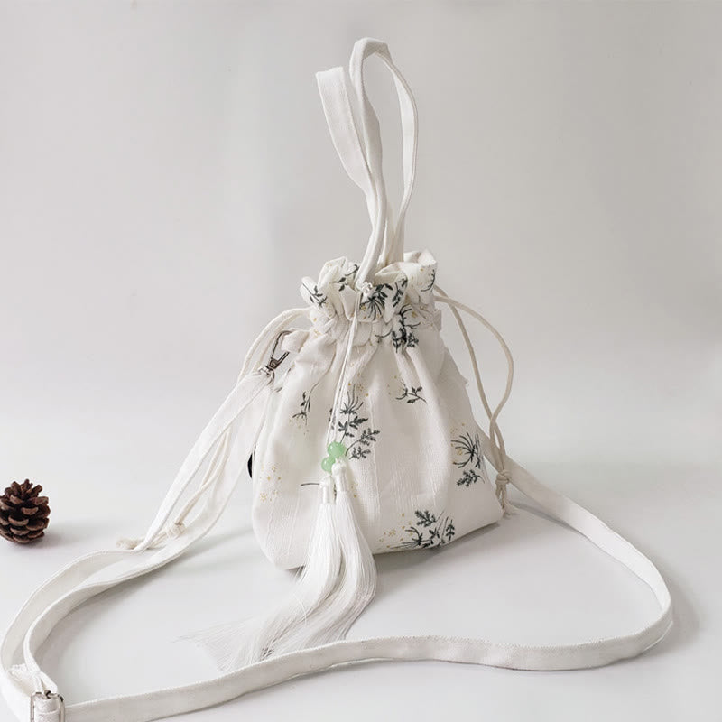 White Flowers Green Leaves Canvas Tote Crossbody Bag Shoulder Bag Handbag