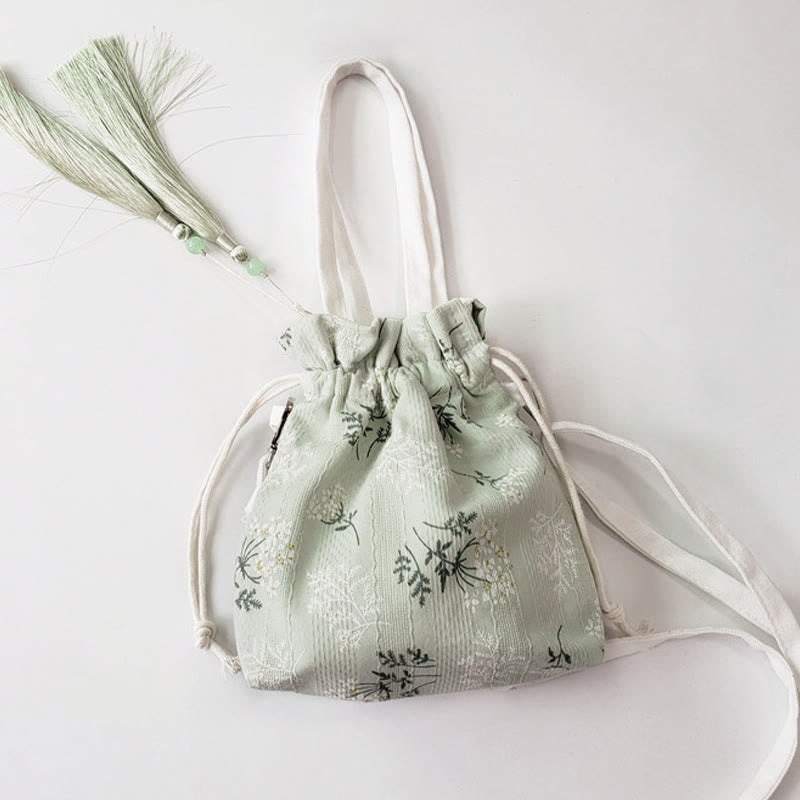White Flowers Green Leaves Canvas Tote Crossbody Bag Shoulder Bag Handbag