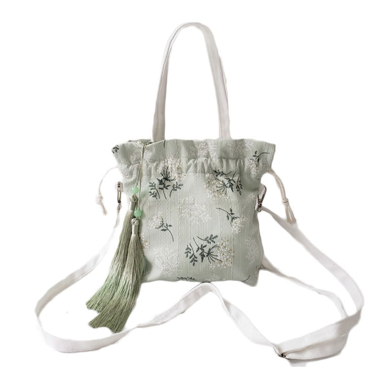 White Flowers Green Leaves Canvas Tote Crossbody Bag Shoulder Bag Handbag