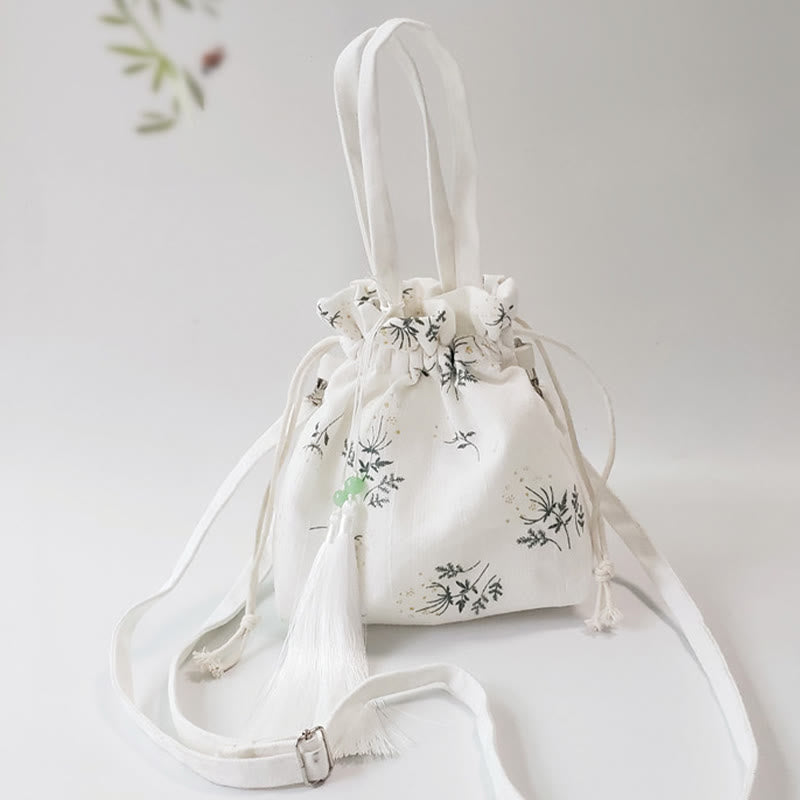 White Flowers Green Leaves Canvas Tote Crossbody Bag Shoulder Bag Handbag