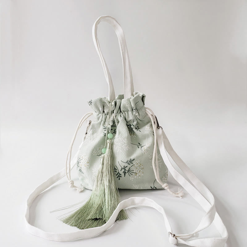 White Flowers Green Leaves Canvas Tote Crossbody Bag Shoulder Bag Handbag
