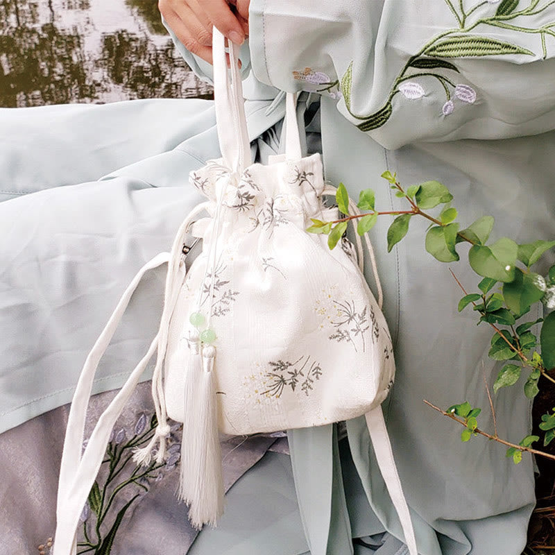 White Flowers Green Leaves Canvas Tote Crossbody Bag Shoulder Bag Handbag