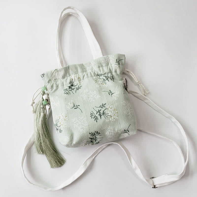White Flowers Green Leaves Canvas Tote Crossbody Bag Shoulder Bag Handbag