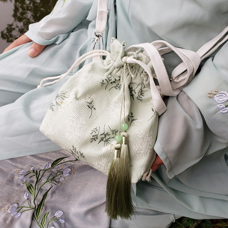 White Flowers Green Leaves Canvas Tote Crossbody Bag Shoulder Bag Handbag