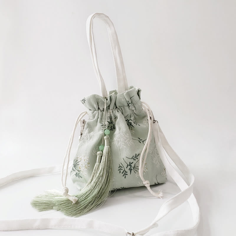 White Flowers Green Leaves Canvas Tote Crossbody Bag Shoulder Bag Handbag