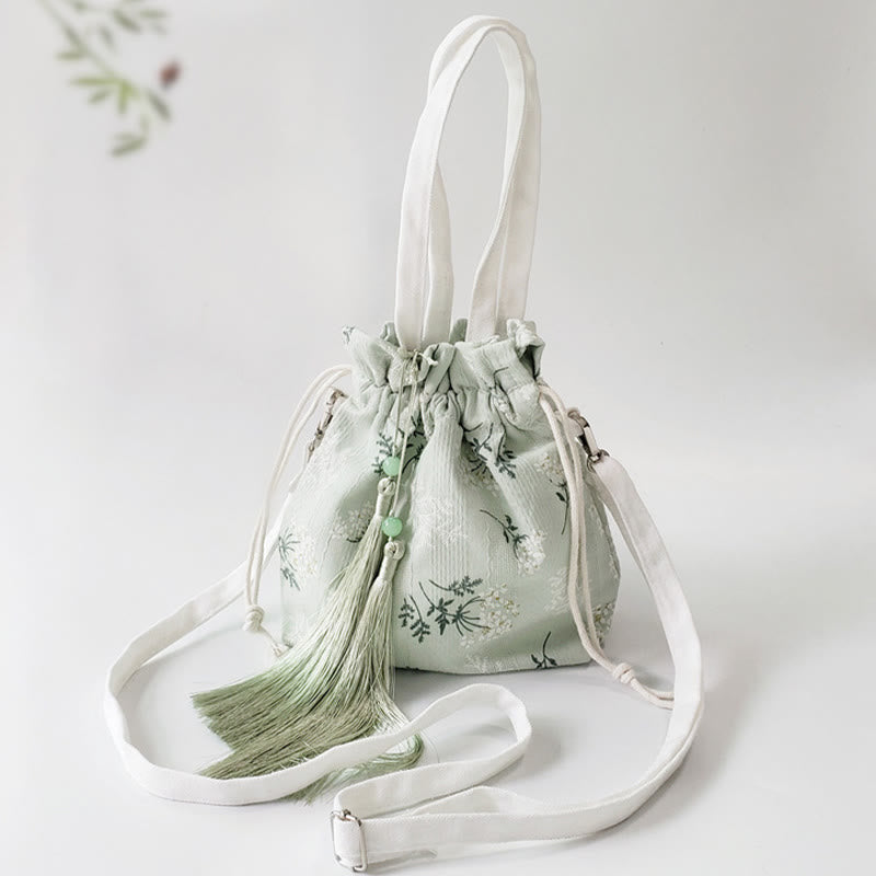 White Flowers Green Leaves Canvas Tote Crossbody Bag Shoulder Bag Handbag