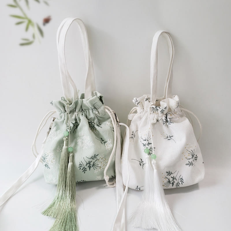 White Flowers Green Leaves Canvas Tote Crossbody Bag Shoulder Bag Handbag