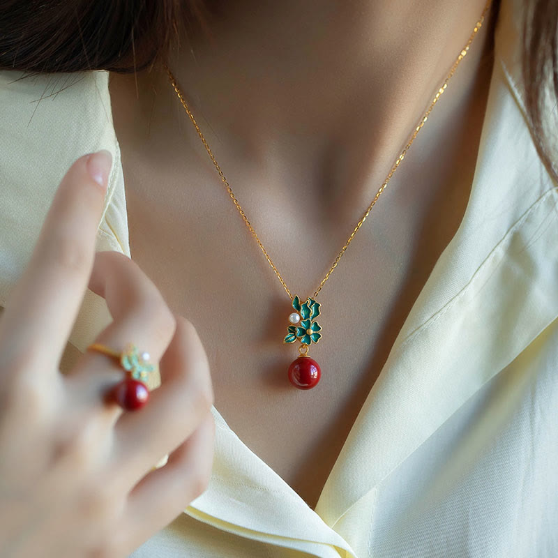 925 Sterling Silver Plated Gold Cinnabar Pearl Flower Blessing Necklace Pendant Earrings Ring Set