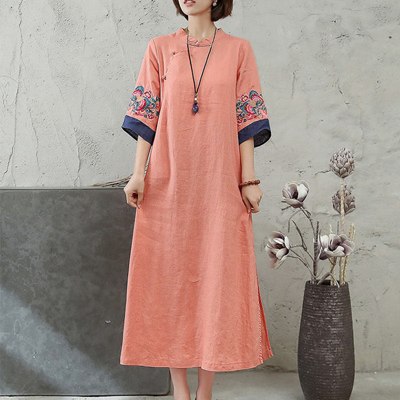 Embroidery Frog-Button Half Sleeve Cotton Linen Women's Midi Dress