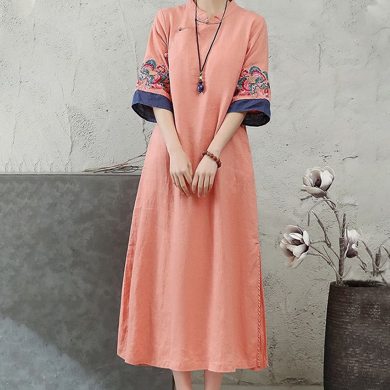 Embroidery Frog-Button Half Sleeve Cotton Linen Women's Midi Dress