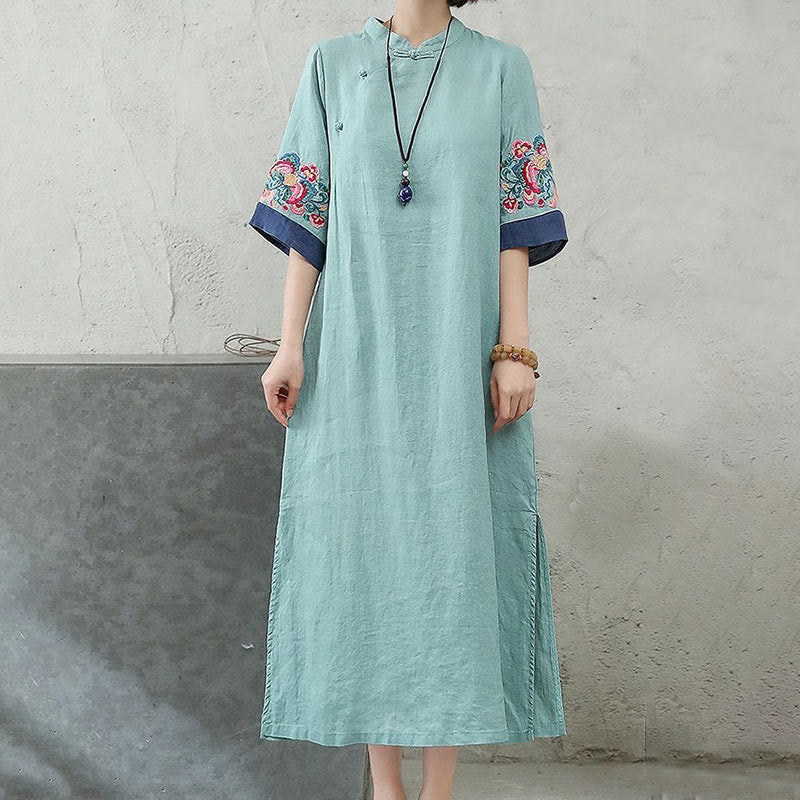 Embroidery Frog-Button Half Sleeve Cotton Linen Women's Midi Dress