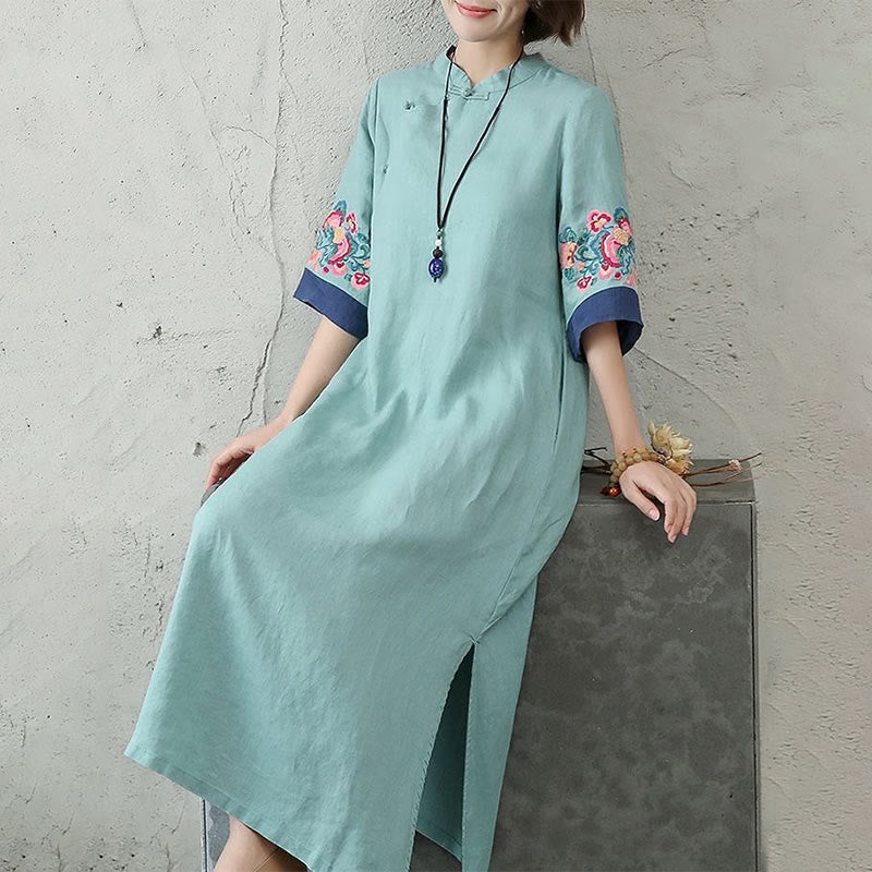 Embroidery Frog-Button Half Sleeve Cotton Linen Women's Midi Dress