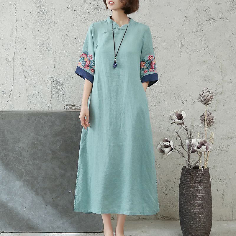 Embroidery Frog-Button Half Sleeve Cotton Linen Women's Midi Dress