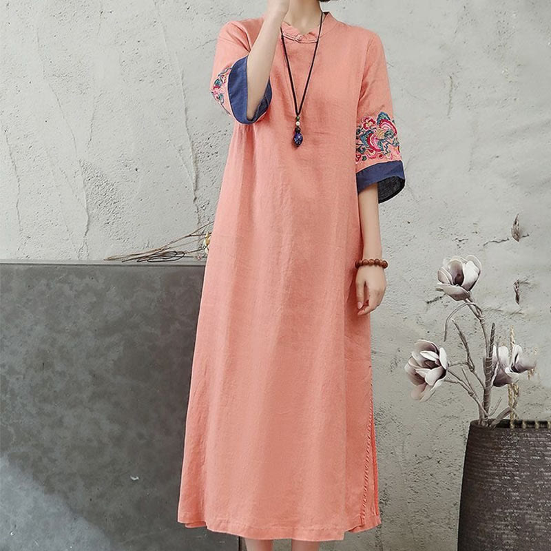 Embroidery Frog-Button Half Sleeve Cotton Linen Women's Midi Dress