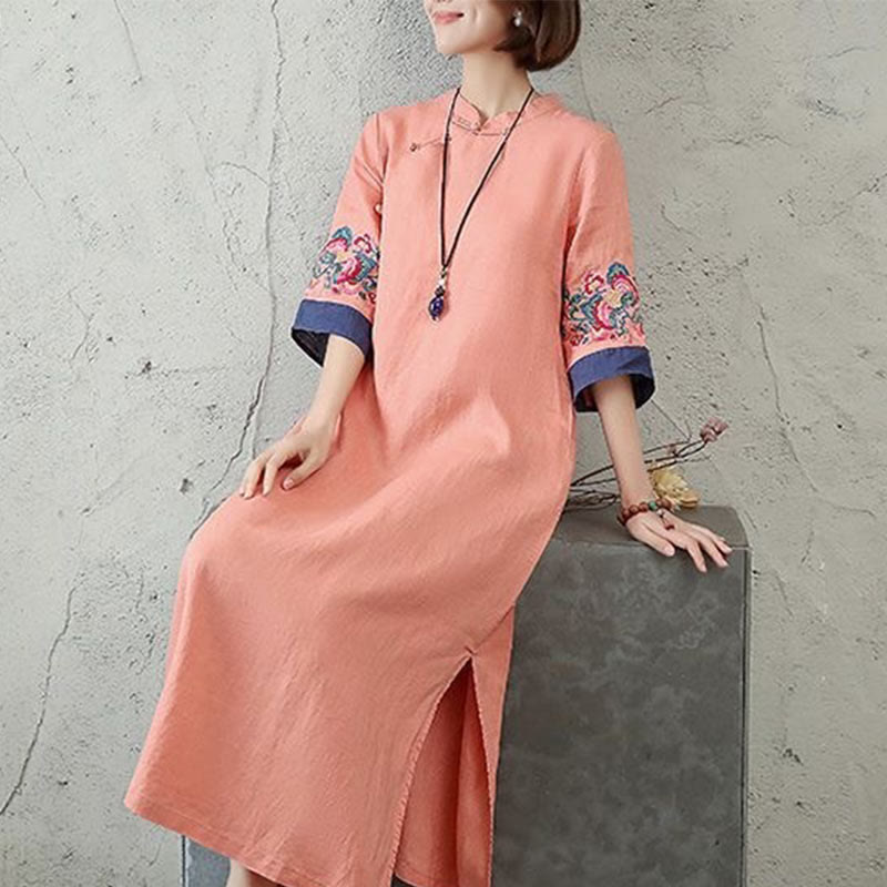 Embroidery Frog-Button Half Sleeve Cotton Linen Women's Midi Dress