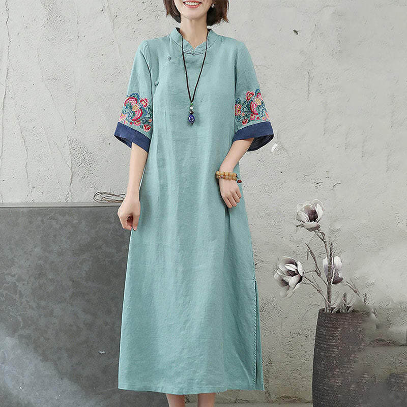 Embroidery Frog-Button Half Sleeve Cotton Linen Women's Midi Dress