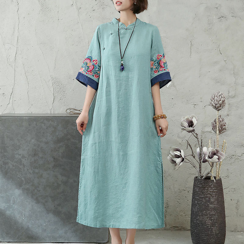 Embroidery Frog-Button Half Sleeve Cotton Linen Women's Midi Dress