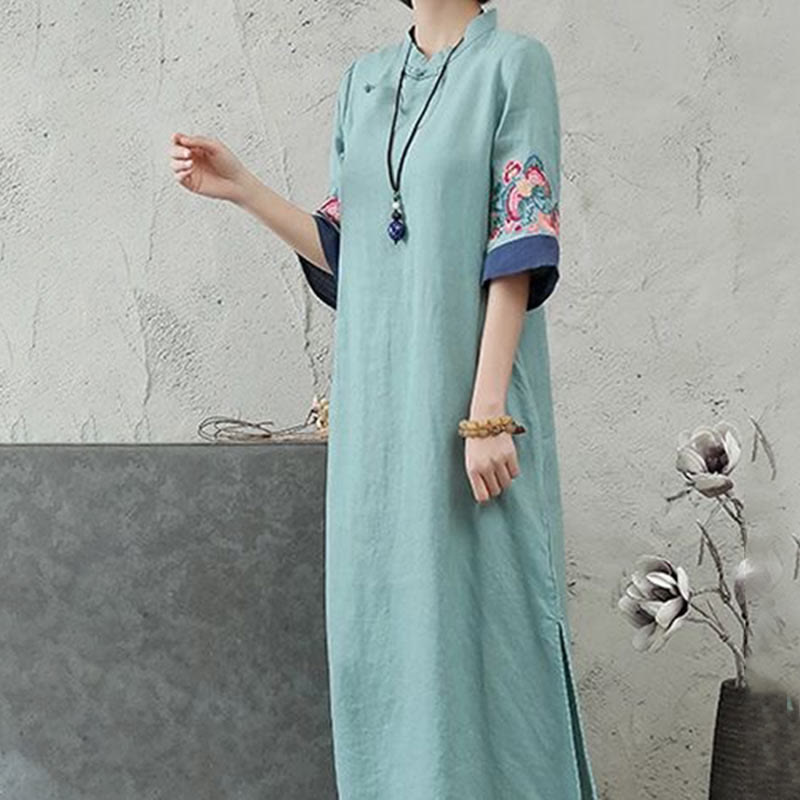 Embroidery Frog-Button Half Sleeve Cotton Linen Women's Midi Dress