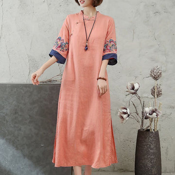 Embroidery Frog-Button Half Sleeve Cotton Linen Women's Midi Dress
