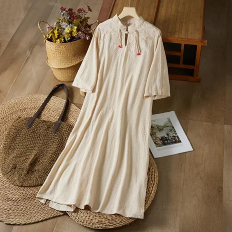 Vintage Embroidery Frog-button Half Sleeve High Waist Cotton Linen Women's Midi Dress