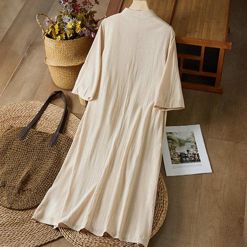 Vintage Embroidery Frog-button Half Sleeve High Waist Cotton Linen Women's Midi Dress