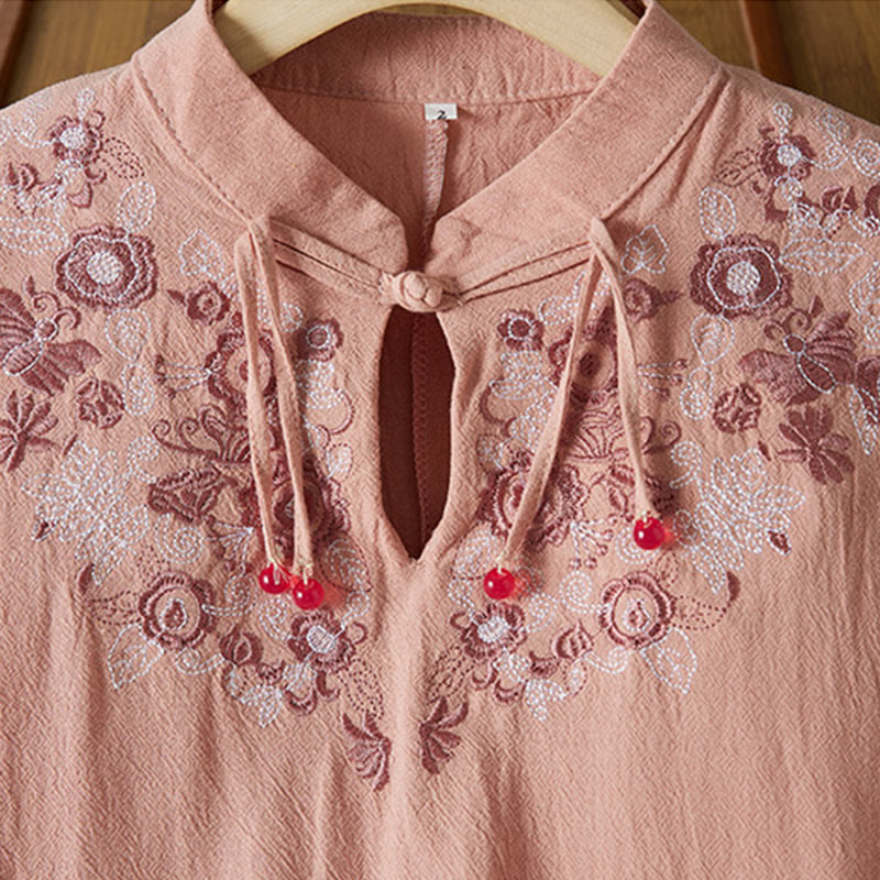 Vintage Embroidery Frog-button Half Sleeve High Waist Cotton Linen Women's Midi Dress