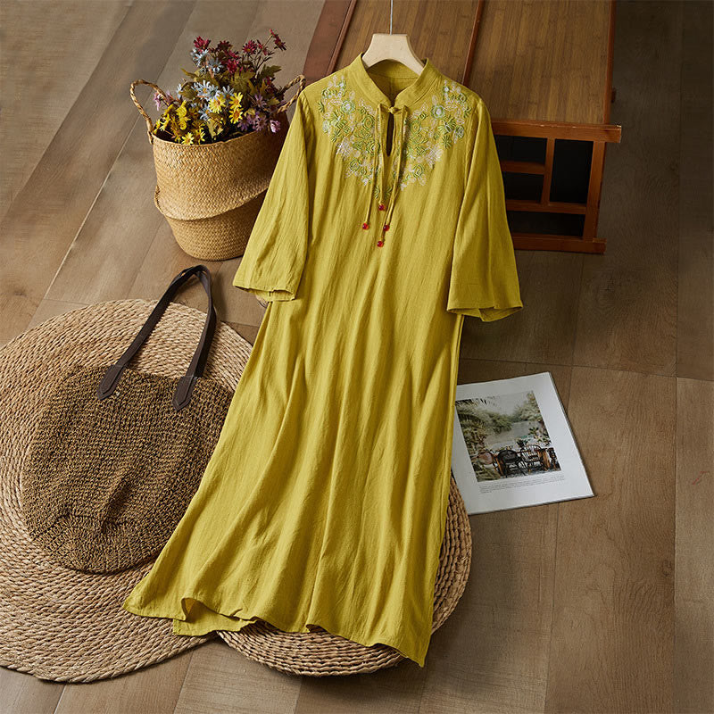 Vintage Embroidery Frog-button Half Sleeve High Waist Cotton Linen Women's Midi Dress