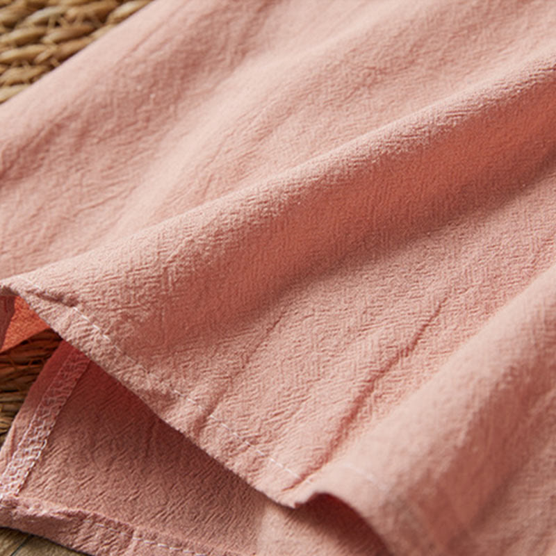 Vintage Embroidery Frog-button Half Sleeve High Waist Cotton Linen Women's Midi Dress