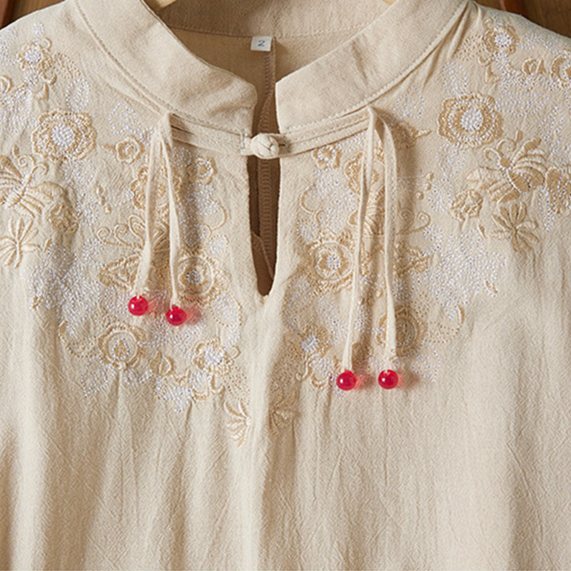 Vintage Embroidery Frog-button Half Sleeve High Waist Cotton Linen Women's Midi Dress