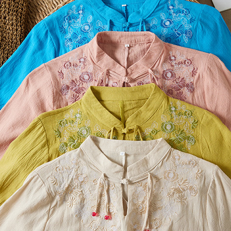 Vintage Embroidery Frog-button Half Sleeve High Waist Cotton Linen Women's Midi Dress