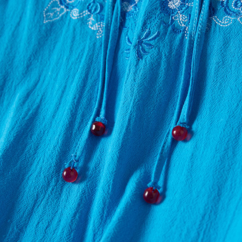 Vintage Embroidery Frog-button Half Sleeve High Waist Cotton Linen Women's Midi Dress