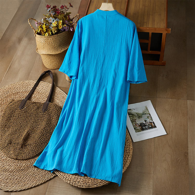 Vintage Embroidery Frog-button Half Sleeve High Waist Cotton Linen Women's Midi Dress