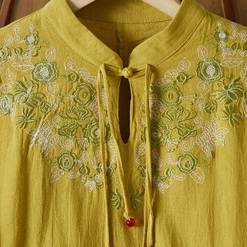 Vintage Embroidery Frog-button Half Sleeve High Waist Cotton Linen Women's Midi Dress